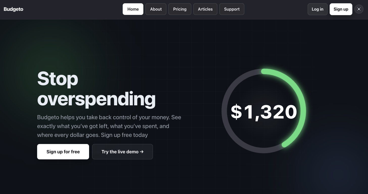 An image of the hero block of the Budgeto website as of 22 July 2026