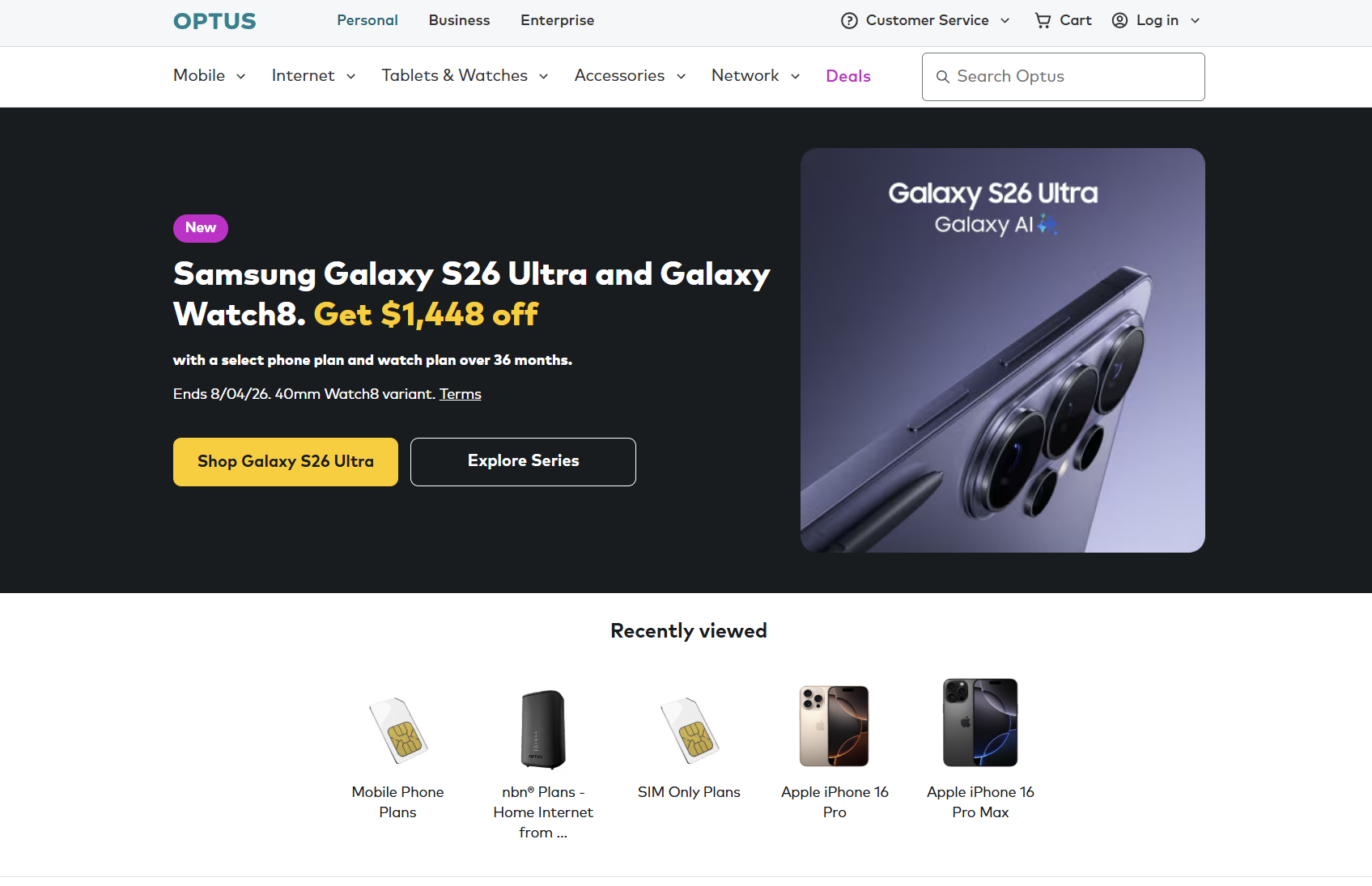 Optus website screenshot